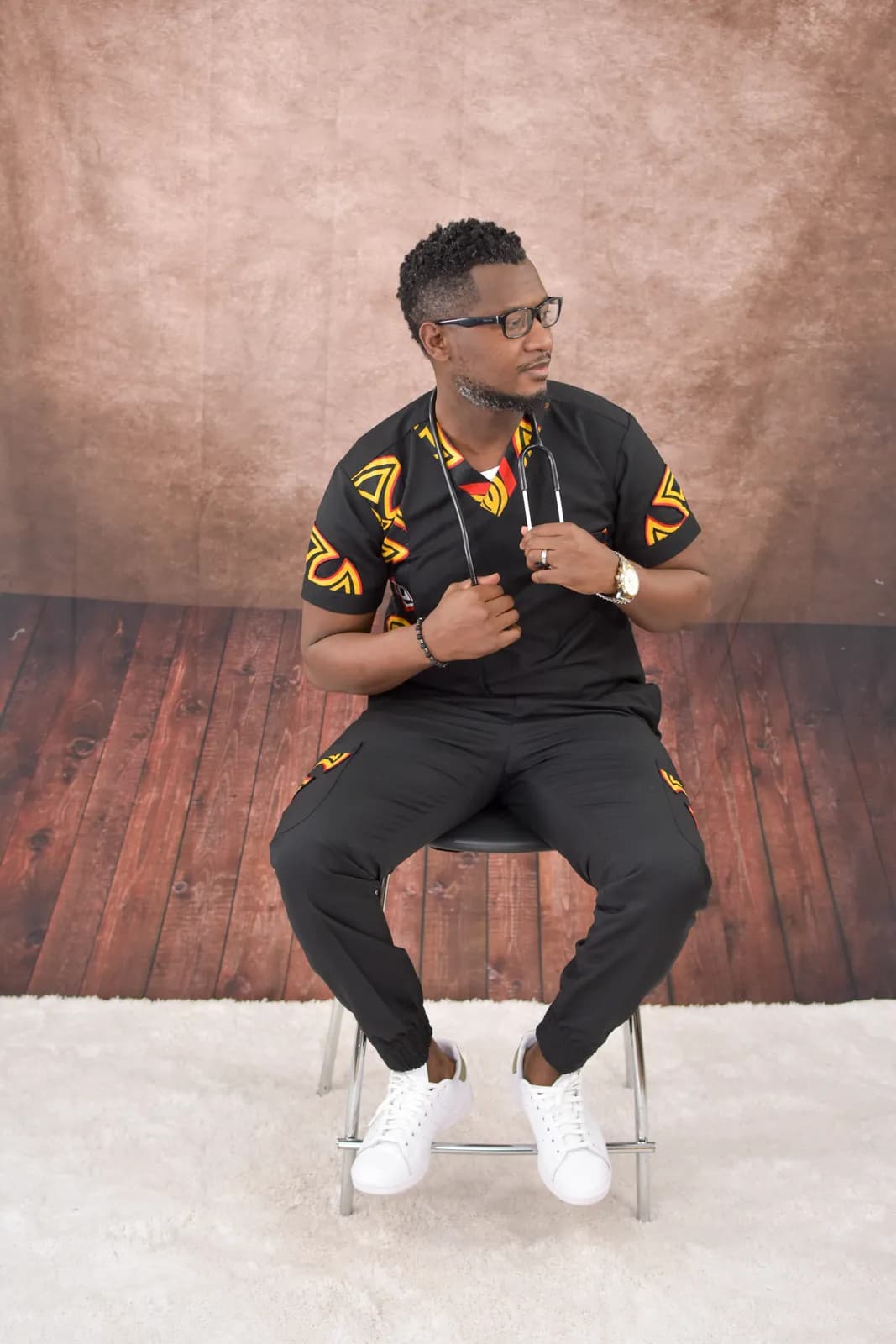 Male Ankara scrubs — fabric detail
