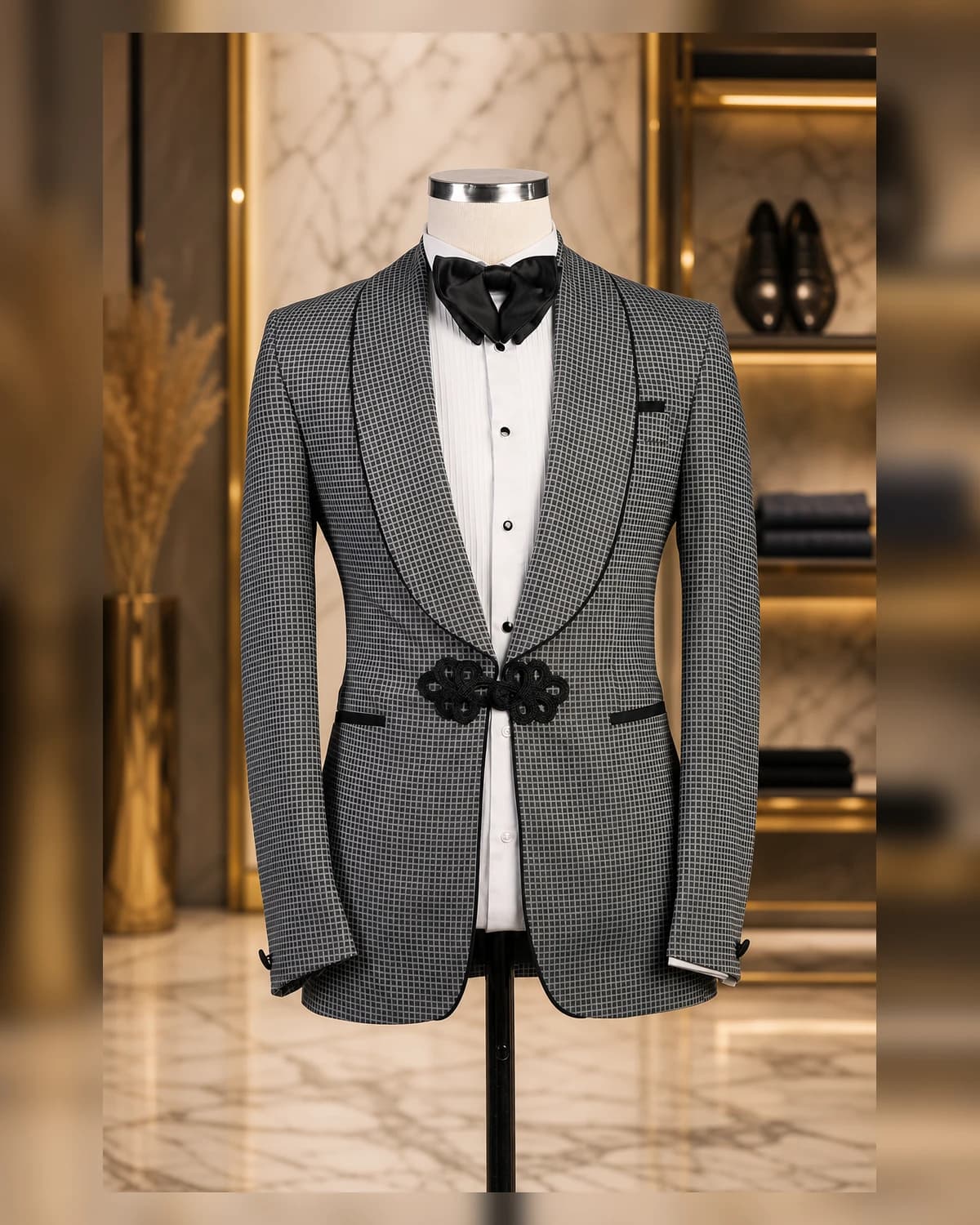 Black button thread blazer — fabric detail