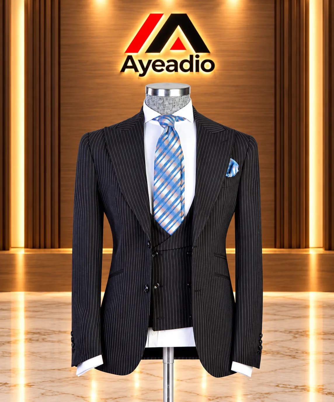 Black Solid Stripes Suit 48