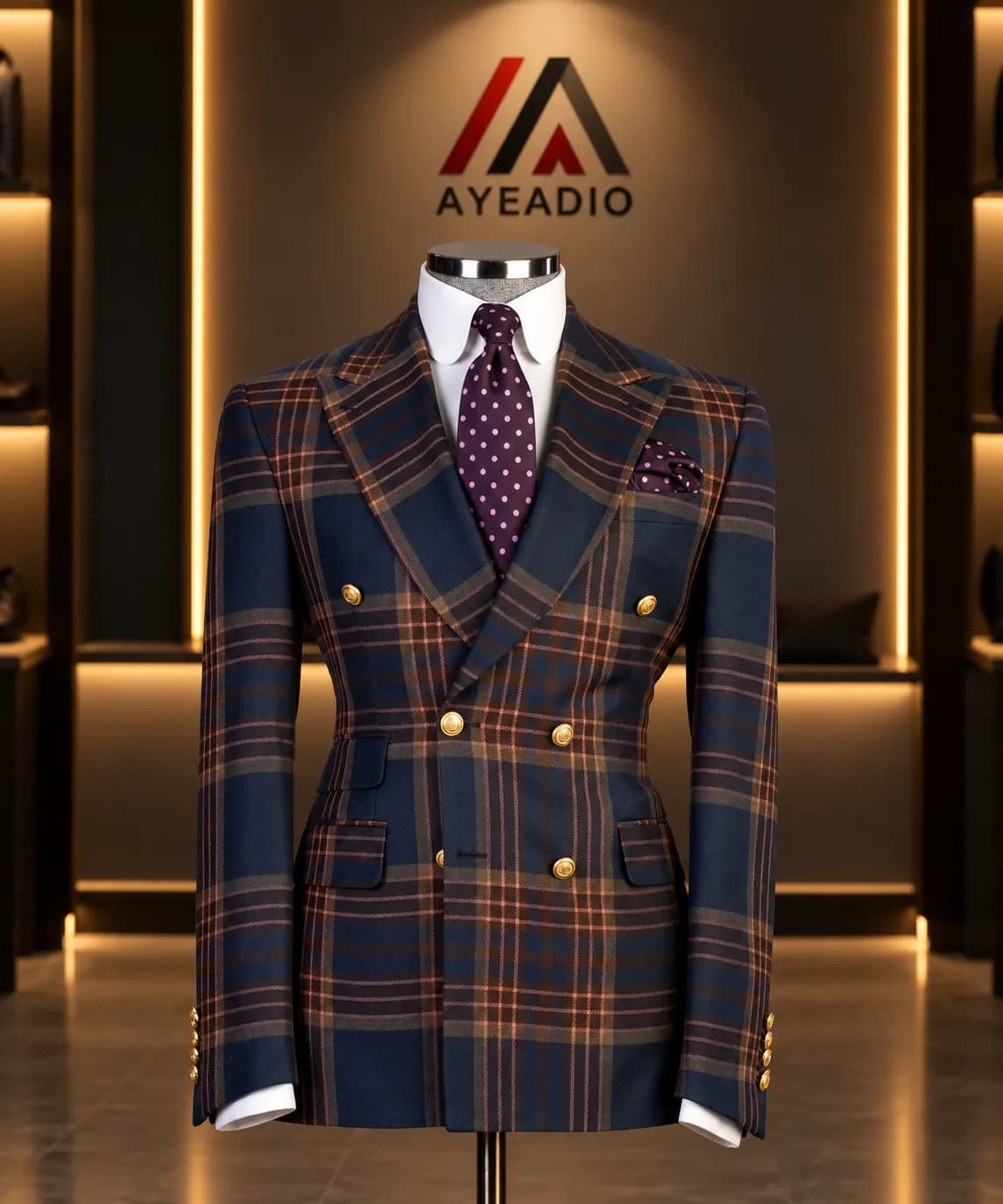 Gold Buttons Brown Check Suit