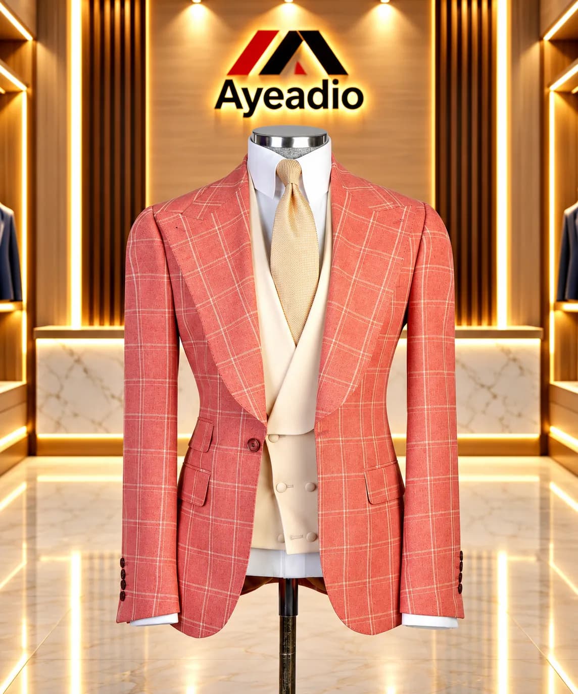Navy Blue Check 3 Pieces Suit — view 5