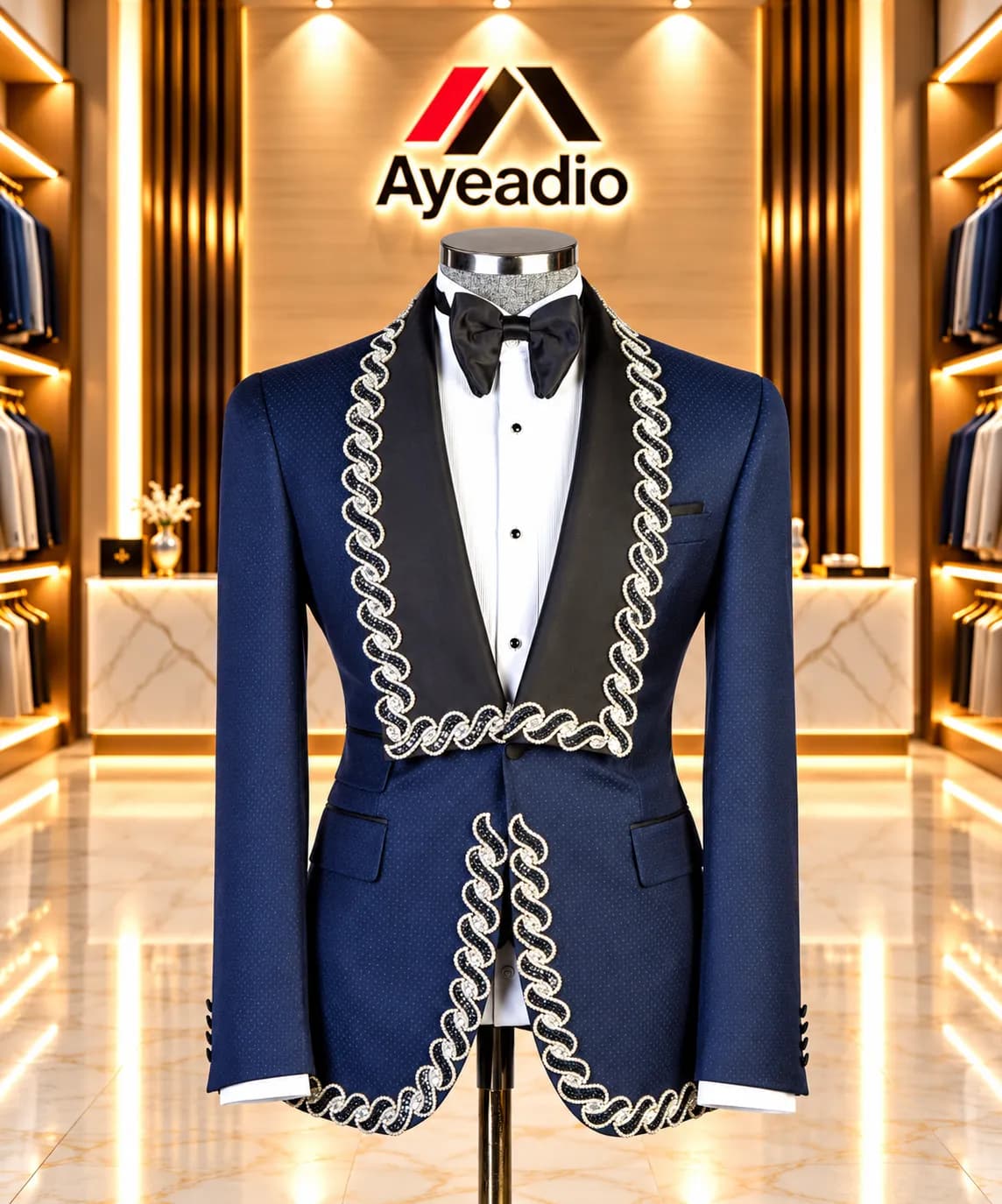 Blue Spiral Tuxedo — fabric detail