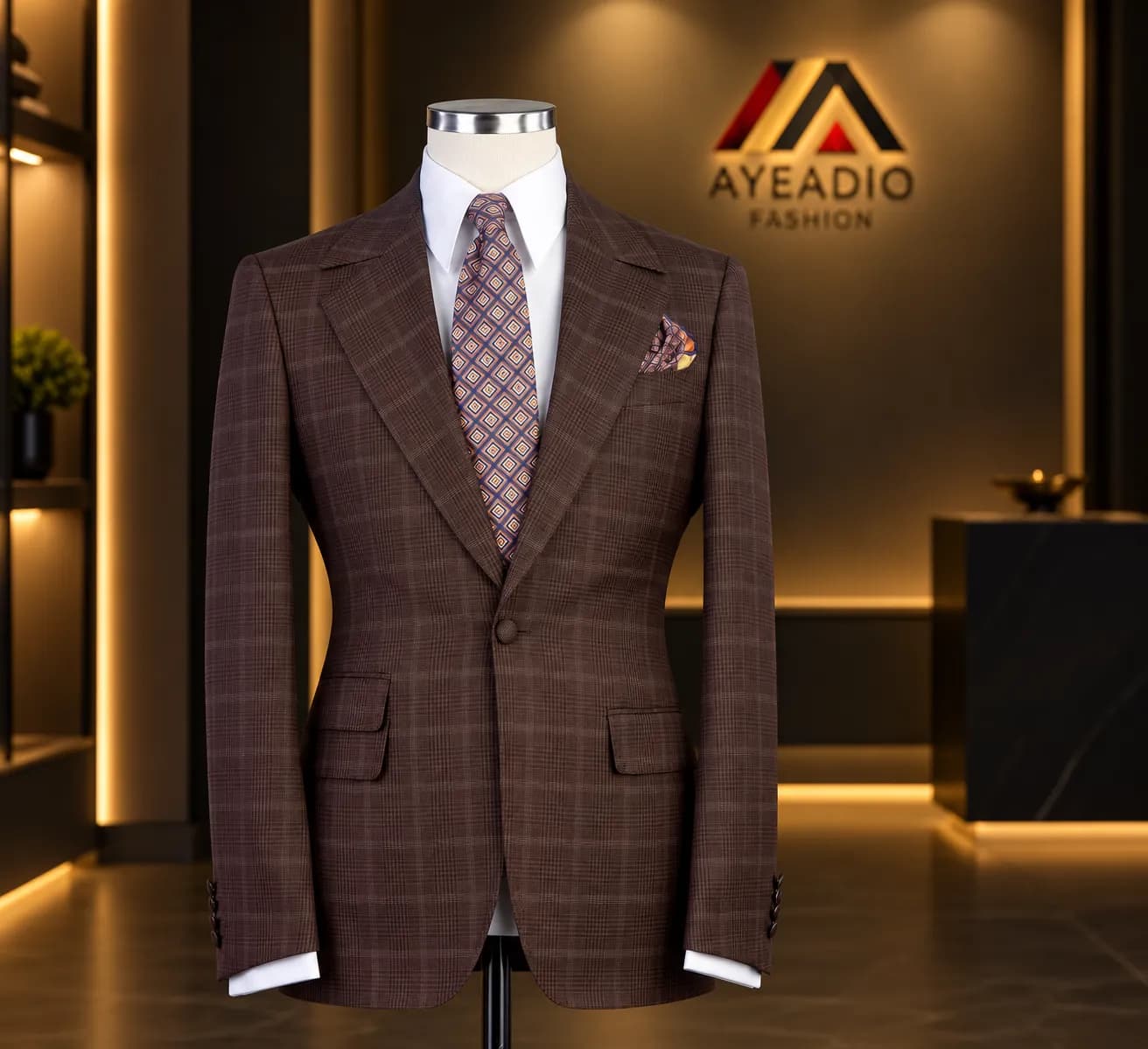 Coffee Brown Check 3 Pieces Suit