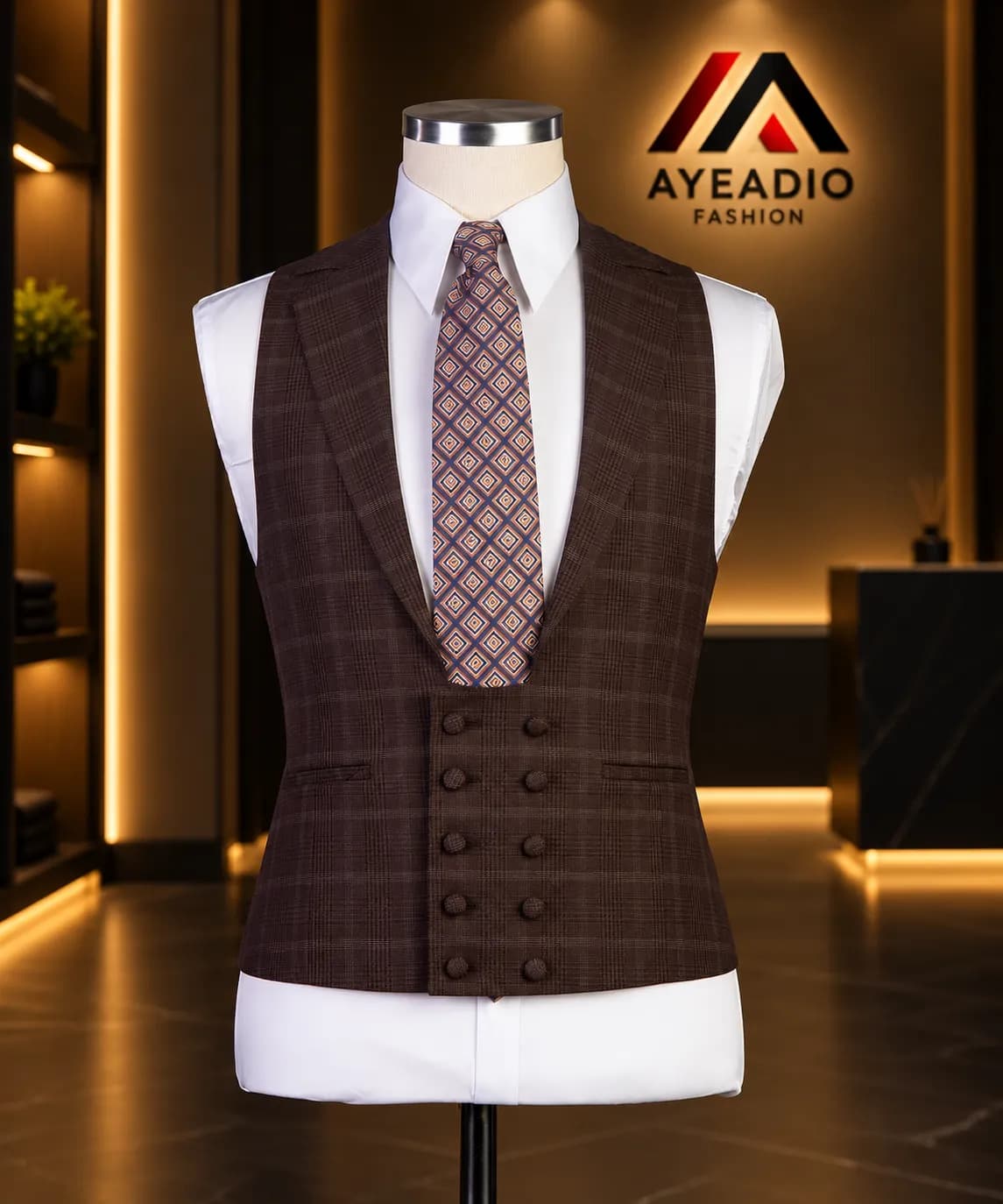 Coffee Brown Check 3 Pieces Suit — fabric detail
