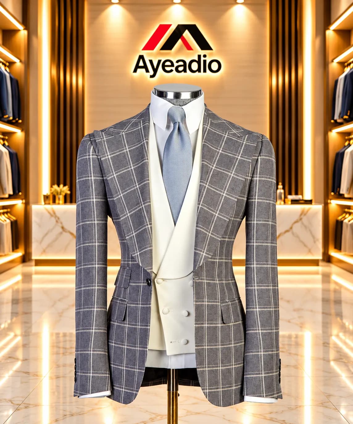 Blue Check 3 Pieces Suit — view 4